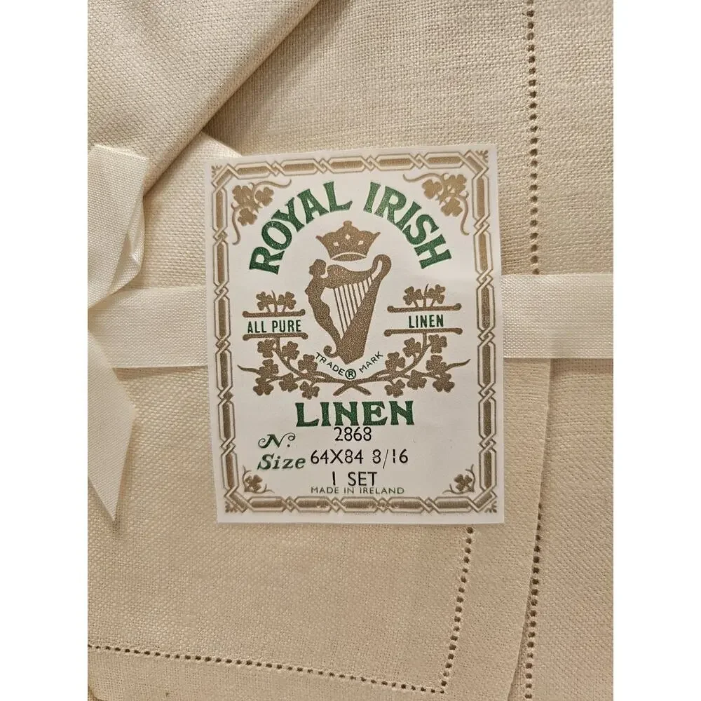 Vintage Irish Linen 64x84‎ Banquet Tablecloth & 8 Matching Napkins Ivory In Box